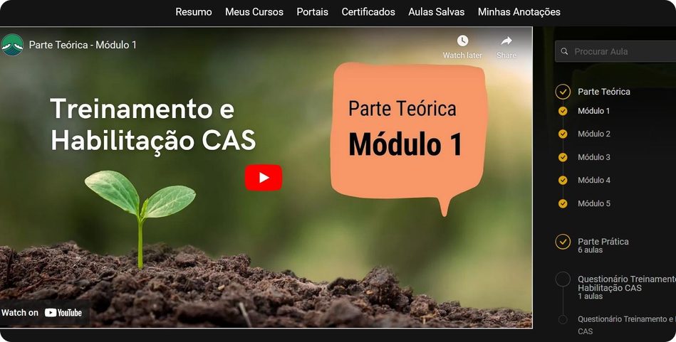 Tela do curso Treinamento e Habilitação CAS, módulo 1